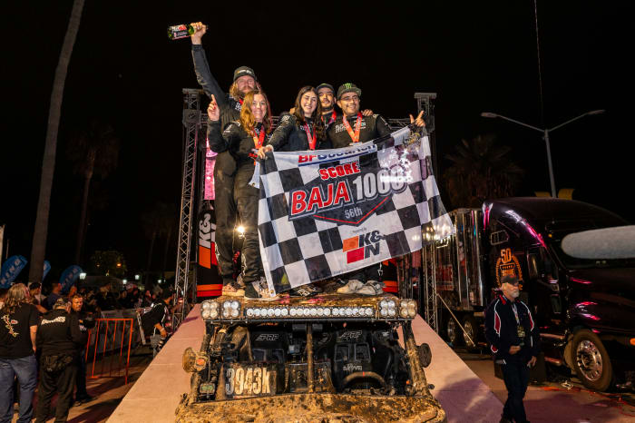 Lia and Lucy Block, along with Terry Madden, Rodrigo Ampudia, and JC Guevara of Block House Racing, celebrate the team's inspiring victory two months ago in the Baja 1000. Photo courtesy Block House Racing.
